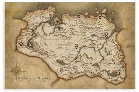 ALNILA Leinwandposter mit Skyrim-Anthologie-Karte, Schlafzimmer, Dekoration, Sport, Landschaft, Büro, Raumdekoration, Geschenk, ungerahmt, 50 x 75 cm