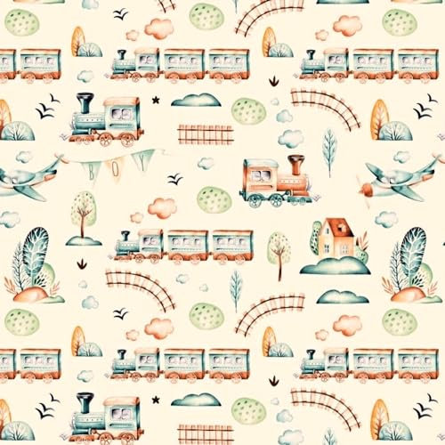 Textrend Baumwollstoff Meterware - Stoff zum Nähen - 100% Baumwolle - Textilien 1x1.6m - Kinderstoffe - Fahrzeuge (Zug und Flugzeug braun und grün auf weißem Hintergrund gezeichnet)