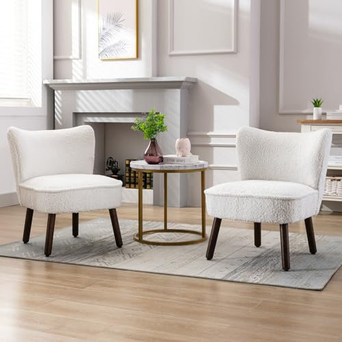Wahson Teddystoff Sessel Wohnzimmer 2er Set moderner Loungesessel Geplosterter Ohrensessel mit Holzbeinen für Wohnzimmer/Schlafzimmer, Weiß