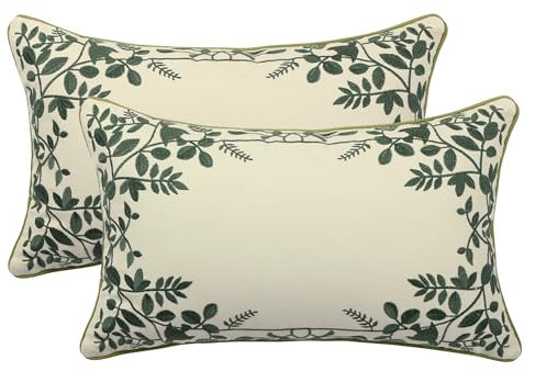 Tosleo 2 Stück Kissenbezüge Bestickte Dekorative Wurfkissenbezüge 30x50cm Kissenhülle Vierseitige grüne Blätter für Gartenlounge Sofa Dekokissen Wohnzimmer Schlafzimmer Blumenmuster