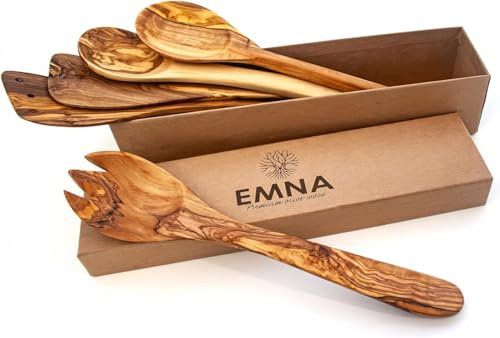 EMNA - Juego de utensilios de cocina de madera de olivo de 5 piezas | en una exclusiva caja de regalo | Boda de madera | Cuchara de cocina | Espátula | Idea de regalo | Mujer