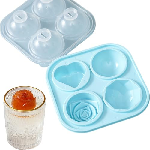 Ice Cube Trays, Ice Cube Moulds with No-Spill Removable Lid, Easy-Release Silicone and Flexible 4 Cavity Rose Flower Shape Ice Maker Tray, Whiskey, Cocktail and Drink (Light Blue)