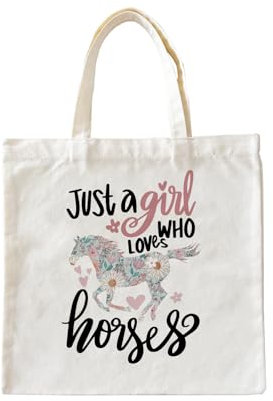 Zeghk Ästhetische Tragetasche aus Segeltuch für Damen, Pferde-Geschenke für Frauen, Pferde-Geschenke für Pferdeliebhaber, Just A Girl Who Loves Horses wiederverwendbare Einkaufstasche, Strandtasche,