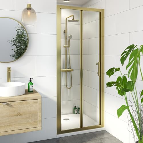 Luxura® 760mm Bifold Folding Shower Door for Wet Room Cubicle Enclosures, 6mm Toughened Safety Glass Space Saving, Framed, Brushed Brass