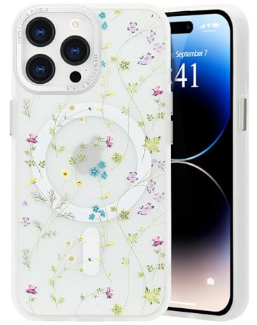 LLZ.COQUE Magnetic for iPhone 14 Pro Max Case Floral, Compatible with Magsafe Flower Pattern Phone Case, Translucent Matte Back Anti-scratch Protective Cover for iPhone 14 Pro Max, White Spray