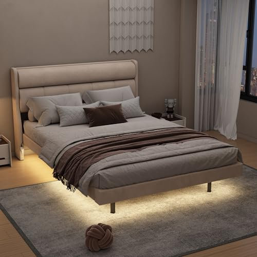 TaiEnjoy Schwebendes Bettgestell mit LED-Lichtern, Gepolstertes Bett 140 x 200 cm gepolstertes Plattformbett mit menschlichem Sensorlicht, Samt-Gewebe, Lattenrost, Doppelbett, jugendbett, Beige