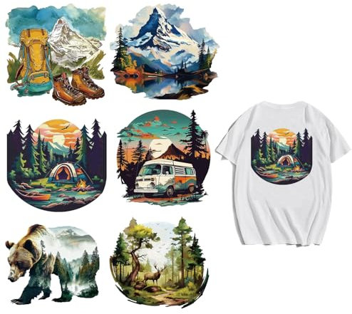 arricraft 6 Sheets Adventure Iron on Decals Patches, 6 Sizes Shoes Bag Camping Car Iron on Stickers Mountain Forest Heat Transfer Stickers PET Washable Patches for DIY Clothes Decor