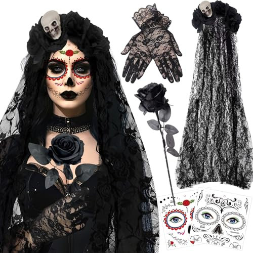 Ycaaeo Cerchietto Giorno dei Morti Rose 100CM,Velo per Halloween con Rose,Guanti di Pizzo e Tatuaggi per il Viso di Halloween per Accessori per Costume di Haalloween per il Viso Donna (Nero)