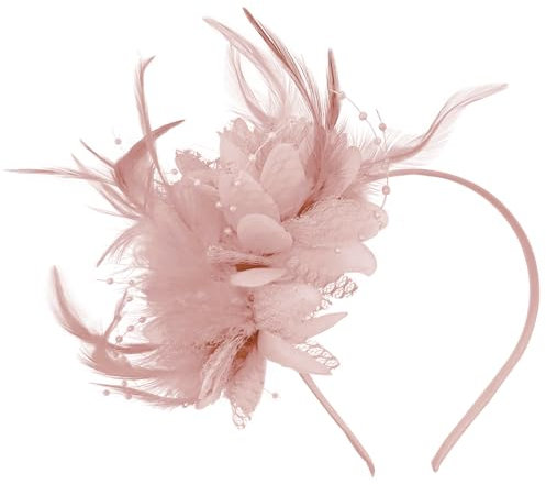 Ladies Fascinator Wedding Hat,Headdress Feather Mesh Hair Accessories Faux Flowers Head Flowers Retro Fascinators Hat Flower Mesh Ribbons Feathers On A Headband Wedding Prom Women Girls(Peach Pink)