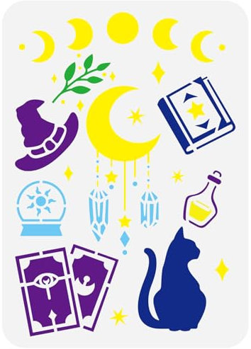 FINGERINSPIRE Schablone Für Magische Mondphasen 29.7x21cm Schablone Für Zauberhut Schablone Für Mond Traumfänger Schablone Für Tarotkarten Schablone Für Katzen Schablone Für Magische Bücher Schablone