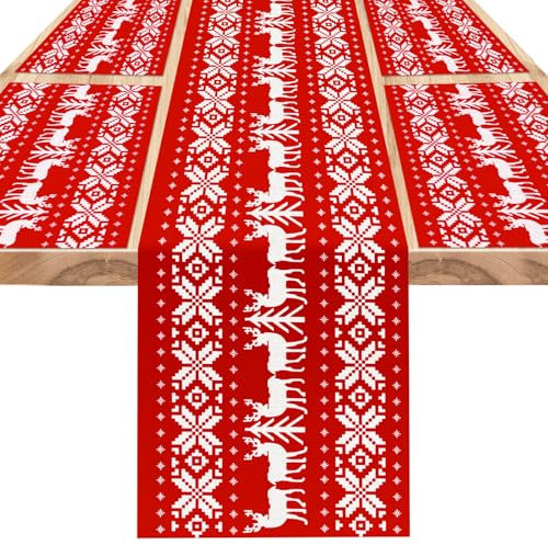 DPKOW Roter Weihnachtstischläufer Platzset, Weihnachtsdeko Tisch Roter Elch Tischläufer Tischsets Weihnachten Platzdeckchen, Roter Weihnachtstischdecke Christmas Table Runner, Weihnachtsdeko zu Hause