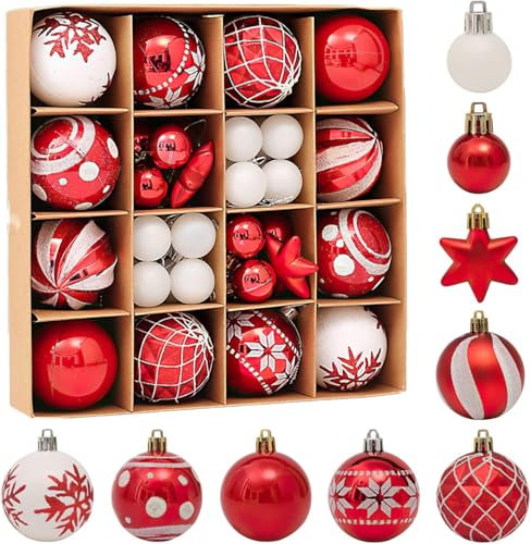 Juego de 42 bolas de Navidad rojas y blancas para árbol de Navidad, inastillables, adornos colgantes para árbol de Navidad, juego de decoraciones de árbol de Navidad para colgar decoraciones de