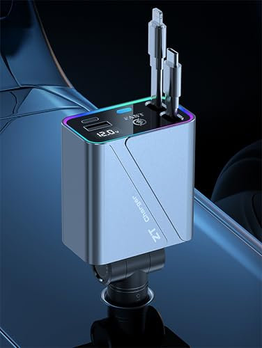 Car Charger USB C Retractable Car Charger Adapter 66W Fast Car Phone Charger with 90cm Cable and RGB Light for i-Phone 16/15 Pro Max/14/13/12/11, S@msung, Android and Multiple Devices