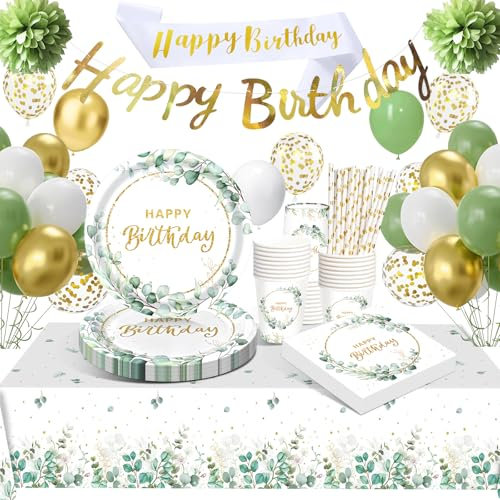 YEJIKJ Decorazioni Compleanni Bambina Donne, Stoviglie per Feste di Compleanno, Palloncini Compleanno Verde Piatti di Carta per Feste Verde per Decorazioni Ragazza Donna Uomo(16 Ospiti)