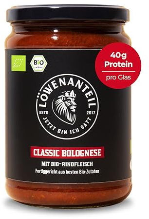 Löwenanteil - 100% Bio-Eintopf CLASSIC BOLOGNESE - 570g Glas - Proteinreiches Bio-Fertiggericht mit saftigem Bio-Rindfleisch, Tomaten & Basilikum - Ohne Zuckerzusatz & Glutenfrei