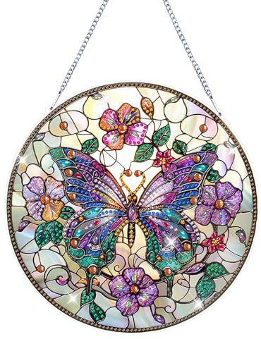 Diamond Painting Anhänger, Diamond Painting Türkranz, Diamond Paint-ing Schmetterling Blumen, 5D Diamond Paint-ing Fensterbilder mit Kette für Eingang Decor (Lila)