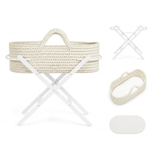 Ickle Bubba Nova Gehäkeltes Babybettchen & Klappständer – Geeignet von der Geburt bis 9 kg, kompakt und leicht, inklusive Plüschmatratze, ideal für Nickerchen zu Hause oder auf Reisen (Cloud/Weiß)