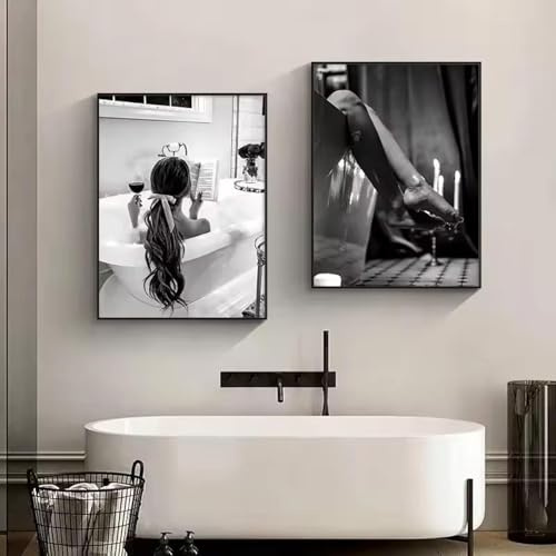 XBTYKPB Vintage-Drucke mit Frau in der Badewanne, schwarz-weiße Frau, Leinwandbilder, Gemälde, Mädchen, Poster für Badezimmer, Toilette, Wanddekoration, 40 x 60 x 2 cm, rahmenlos