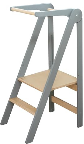 Leg&Go Montessori klappbarer Lernturm mit höhenverstellbarer Plattform - komplett montiert und sofort einsatzbereit. (Grau)