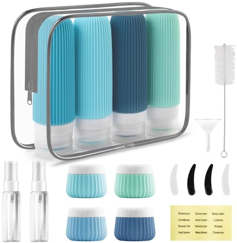 18 Pack Travel Bottles for Toiletries, 90ml Silicone Travel Containers Set Empty, Refillable Squeezy Mini Travel Size Bottle for Shampoo and Conditioner (Blue)