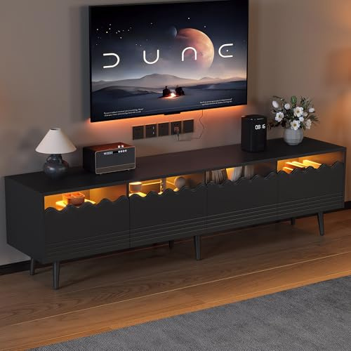 Merax TV-Schrank mit LED-Beleuchtung, Fernsehschrank mit 2 Türen und 2 Schubladen, TV-ständer für Fernseher bis zu 75 Zoll, TV Lowboard für Wohnzimmer Schlafzimmer Esszimmer, TV Möbel, 176cm, Schwarz