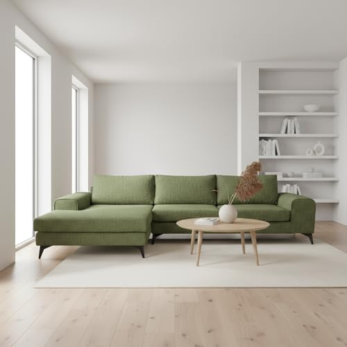 Abakus Direct | Venice Corner Sofa – Modern L-Shaped Sofa with Basket Weave Fabric, Scatter Back Cushions, Left or Right Hand Facing – Available in 9 Colours (Forest Green, Left Hand Facing)