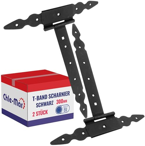 Chle-Mar 2x Kreuzgehänge T-Band Scharnier Schwarz 300mm | Schwerlast Türscharnier für Holztüren Außen, Gartentor Scharnier & Torbeschläge, mit Zierkappe für Rustikale Anwendungen