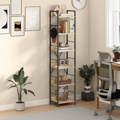 DWVO 6-stöckiges Bücherregal, Hohes Lagerregal mit Stahlrahmen, Industrielles Bücherregal mit 4 Haken, Standregal, Präsentationsständer, Für Wohnzimmer, Eichenfarbe