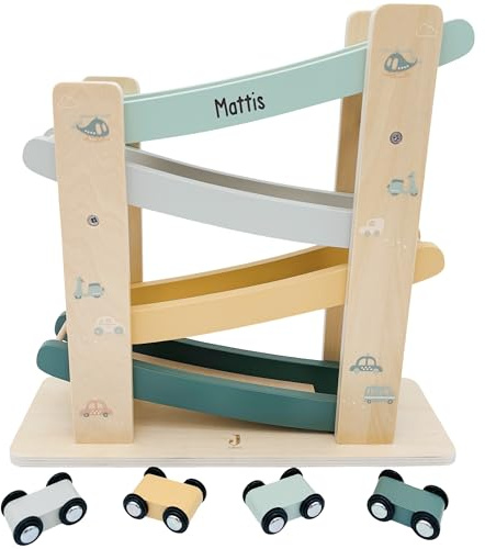 Kugelbahn Holz mit Autos personalisiert Holzspielzeug Baby Geschenk Babygeschenk Taufgeschenk für Mädchen Jungen Geburtsgeschenk