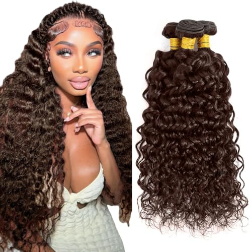 Tuheerst #4 Chocolate Brown Color Human Hair Bundles Water Wave 22 24 26 Inch Unprocessed Glueless Double Weft Weave Human Hair Extension For Woman 3 Bundles Total 150g