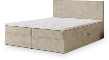 Masseno Boxspringbett NIRA 160x200 cm Komplett-Set mit Matratze und Topper, Polsterbett mit Zwei Bettkästen -Creme, Roma 03