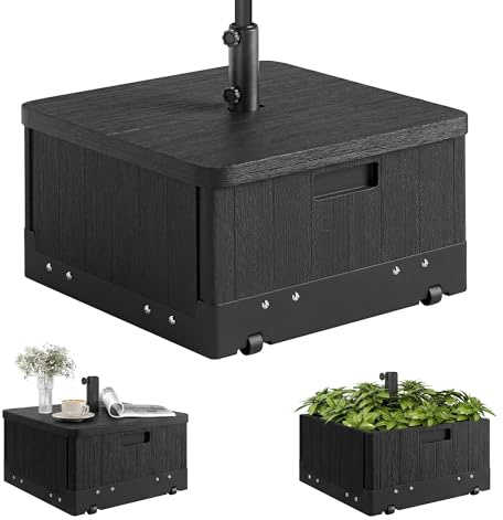 Outsunny Base para Sombrilla Exterior 3 en 1, Mesa Auxiliar, Macetero con Orificio de Drenaje, Soporte de Parasol Rellenable Arena 80 kg con Ruedas y Asas para Sombrilla con Postes Ø38 y Ø48 mm, Negro