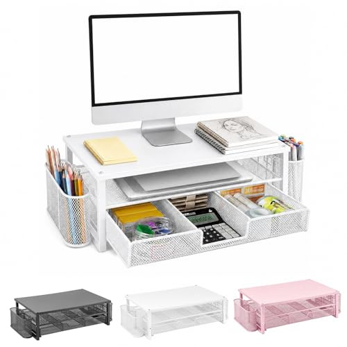 BOYIFEIJIE Supporto per monitor con cassetto e 2 portapenne, rialzo ergonomico da scrivania per laptop e schermo, organizer multifunzionale a 2 livelli per ufficio e home office (bianco)
