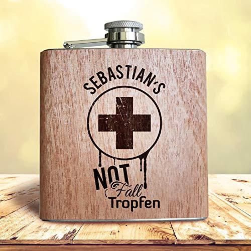 Holz Flachmann Notfalltropfen, mit persönlicher Namens Gravur! Lustige und individuelle Geschenk Idee