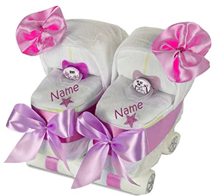dubistda© Windeltorte Zwillinge Windelwagen rosa / 25-teilig/Zwillingswagen - Geschenk für Zwillinge Mädchen inkl. zwei personalisierten Lätzchen + Grußkarte