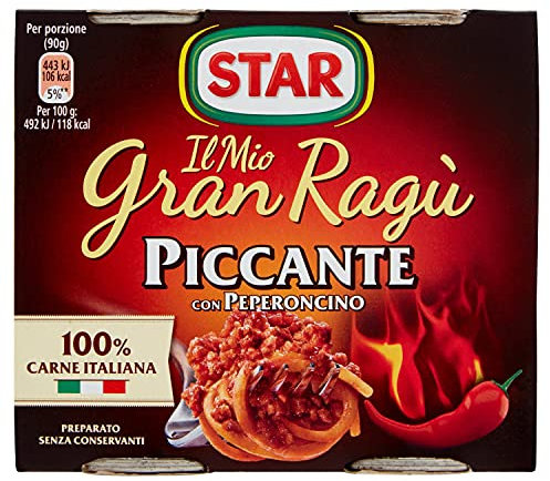 STAR Il Mio GranRagù Piccante, 2 x 180g, ragù tradizionale, 100% carne italiana controllata, con aggiunta di peperoncino. Senza conservanti e senza glutine.