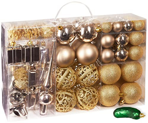 BRUBAKER 101 Stück sortierte Weihnachtskugeln - bruchsicher - mit grüner Gurke und Baumspitze - Designed in Germany - Champagner