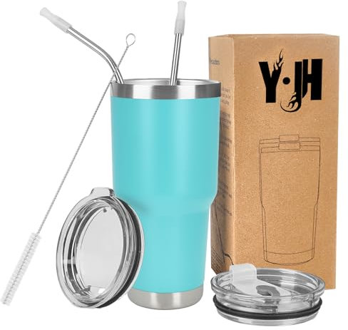 Y·J&H 30oz (850ml) Doppelwandig Vakuum Isolierter Autobecher, Edelstahl Reiseflasche, Thermobecher Kaffee to Go mit 2 Spritzfestem Deckel 2 Strohhalm, Rohrbürste,BPA Free - Türkis