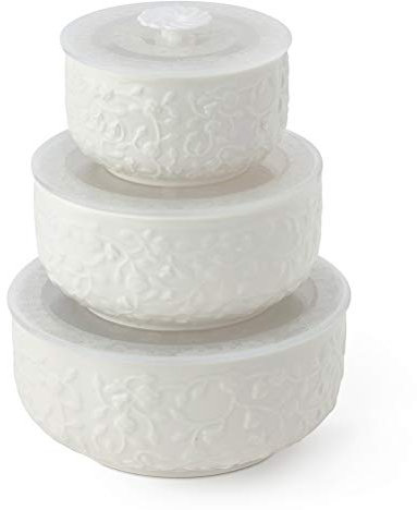 Hervit Set 3 Contenitori in Porcellana con Roselline e Coperchio Salva Freschezza - Contenitori Cibo da Freezer e Frigo - Barattoli Porta alimenti - Differenti Misure - Scatola Regalo - cod.28000