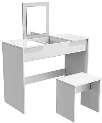 SONNI Schminktisch, Kosmetiktisch mit Hocker und klappbar Spiegel, Frisiertisch, 2 in 1 Frisierkommode, Schreibtisch, Hochglanz Tischplatte, Holz, Schlafzimmer, weiß, 100x45x76cm.