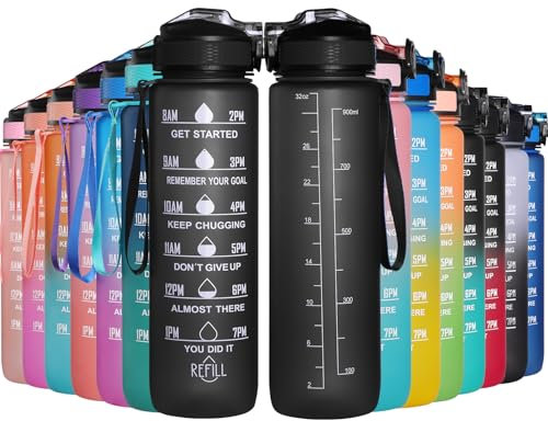 GeeRic Bottiglia Acqua 1 Litro, 1000ML Borraccia Sportiva Portatile Bottiglia Sportiva Scala/Cannuccia/Indicatore di Tempo Prova di Perdite Borraccia Bici 1L per Palestra,Sport,Ciclismo Grigio