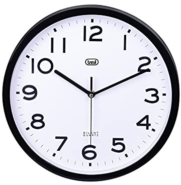 Trevi OM 3302 S Wanduhr, Quarzuhr ohne Tickgeräusche, Durchmesser 30 cm, Schlichtes und Elegantes Design, Kunststoff, Rundes Format, Schwarz