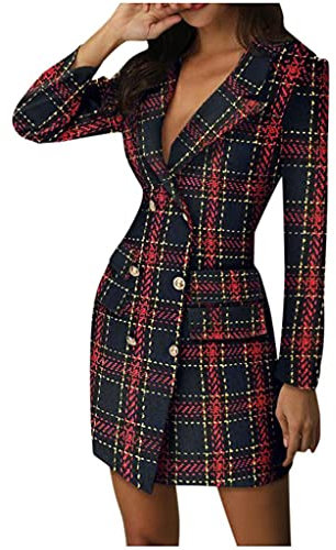 Huttam Robe Blazer Femme Chic et Elegant Manche Longue Grande Taille Col V Double Boutonnage Robe Moulante Femme Courte Soirée Cocktail À Carreaux Robe Travail Femme Bureau Manteau Veste (Rouge, M)