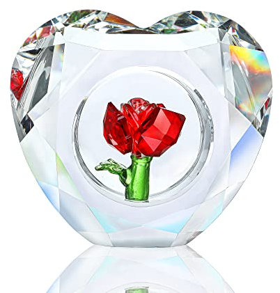 H&D HYALINE & DORA - Ornamento in cristallo a forma di rosa rossa, statuetta floreale in vetro da collezione con rosa incastonata nel cuore, fermacarte per casa, matrimonio, San Valentino, regalo per