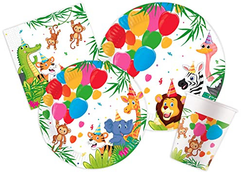 Kit Party Tavola animali Jungle Balloons per 24 persone (112 pezzi: 24 piatti Ø23cm, 24 piatti Ø20cm, 24 bicchieri 200ml, 40 tovaglioli 33x33cm) in carta FSC