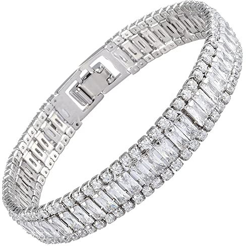 RIZILIA ICONIC - Bracciale tennis placcato in oro bianco 18 K con zirconia cubica bianca, 3 file, 2 x 4 mm, 17,8 cm, Metallo, Topazio bianco artificiale
