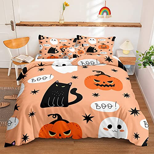 Chanyuan Bettwäsche Halloween 135x200cm Kürbis Laterne Katze Muster für Kinder Jungen Mädchen Weich Mikrofaser Orange Schwarz Bettbezug mit Reißverschluss und Kissenbezug 80x80cm