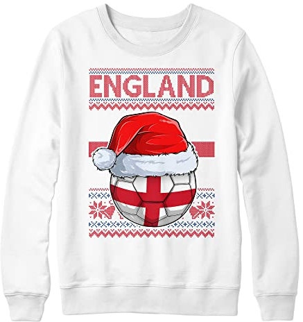 England Christmas Jumper Sweatshirt Unisex Boys and Girls Funny Santa Hat Flag with Football Xmas Fair Isle Ugly Sweater World Champions Gift Cup 2022, 12-13 Years, White