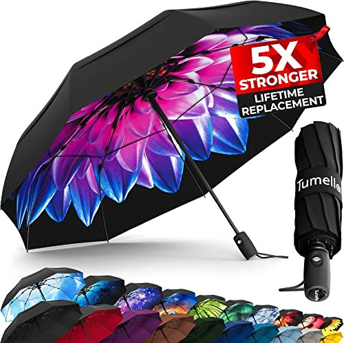 TUMELLA Stärkster winddichter Reise-Regenschirm (kompakt, überlegen und schön), klein, stark, aber leicht, tragbar und automatisch, faltbarer Regenschirm, langlebiger Premium-Griff, passend für Auto