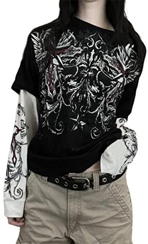Women Harajuku Long Sleeve Shirt Y2K Skull Print Tops Long Sleeve Off Shouder Loose T Shirts Grunge Goth Clothes (Black#7, L)
